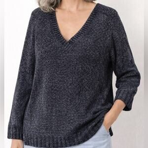 Orvis Sweater Womens Large Blue Long Sleeve Pullover Velour V-Neck Side Soft